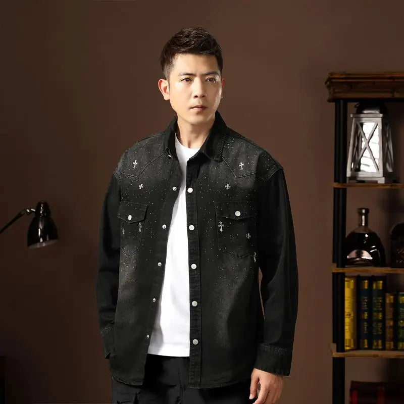 Spring Autumn Vintage Denim Jackets with Pocket Design Denim Coats for Men Single-breasted Lapel Collar Jacket Autumn Work Coat