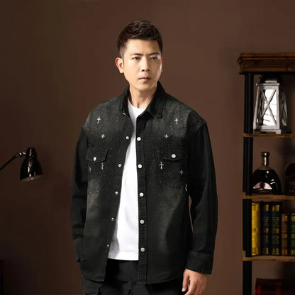 Spring Autumn Vintage Denim Jackets with Pocket Design Denim Coats for Men Single-breasted Lapel Collar Jacket Autumn Work Coat
