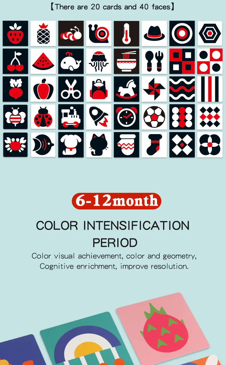 Black and red visual early education card for newborns, visual stimulation of color cognition, flashing new children's early edu
