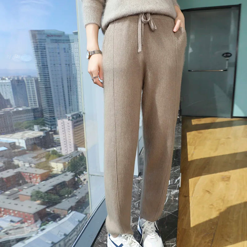 100% mink wool knitted high-waisted pencil pants women's casual autumn and winter new warm solid color thick cashmere pants