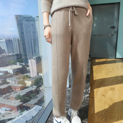 100% mink wool knitted high-waisted pencil pants women's casual autumn and winter new warm solid color thick cashmere pants