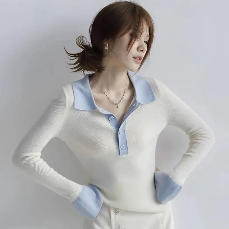 Long Sleeve Female Tee Knitted Button Women's Polo Shirts Contrasting Colors T-shirts Youthful Clothes Pretty Polyester on Offer