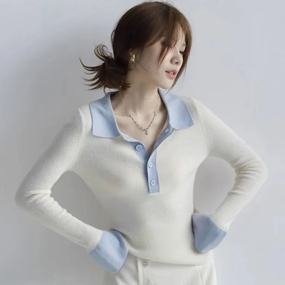 Long Sleeve Female Tee Knitted Button Women's Polo Shirts Contrasting Colors T-shirts Youthful Clothes Pretty Polyester on Offer
