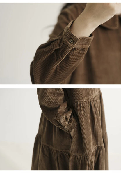 Japanese Style Long Sleeve Corduroy A-Line Dress Loose Slimming Simple Design Women's plus Size Dress Daily Wear Long Dress