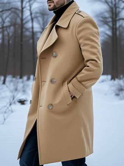 Men's Double-Breasted Winter Overcoat with Thickened Lining, Warm Long Trench Style Coat, Street Popular Fashion Item