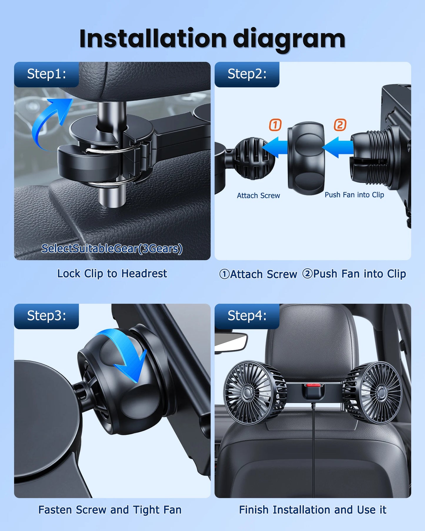 Eary Car Back Rear Seat Dual Head Fan 3 Speeds 360°Rotatable Air Cooling Headrest Fan Portable Summer Auto Van Truck Accessories
