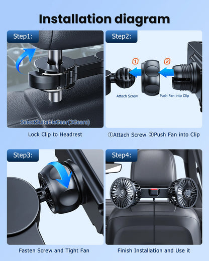 Eary Car Back Rear Seat Dual Head Fan 3 Speeds 360°Rotatable Air Cooling Headrest Fan Portable Summer Auto Van Truck Accessories