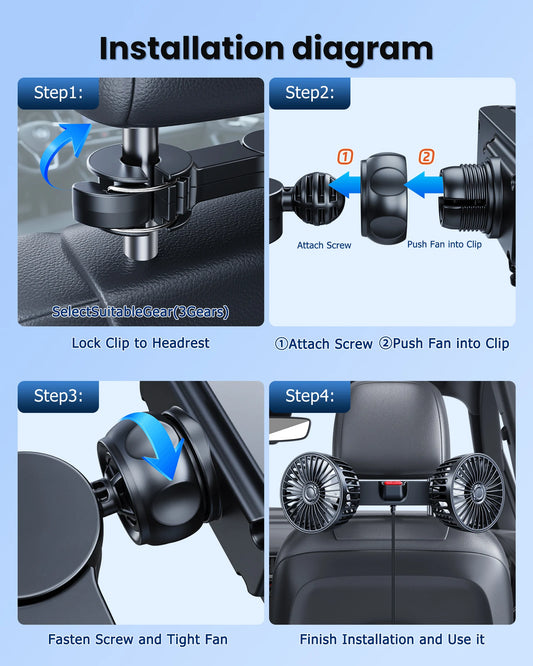 Eary Car Back Rear Seat Dual Head Fan 3 Speeds 360°Rotatable Air Cooling Headrest Fan Portable Summer Auto Van Truck Accessories