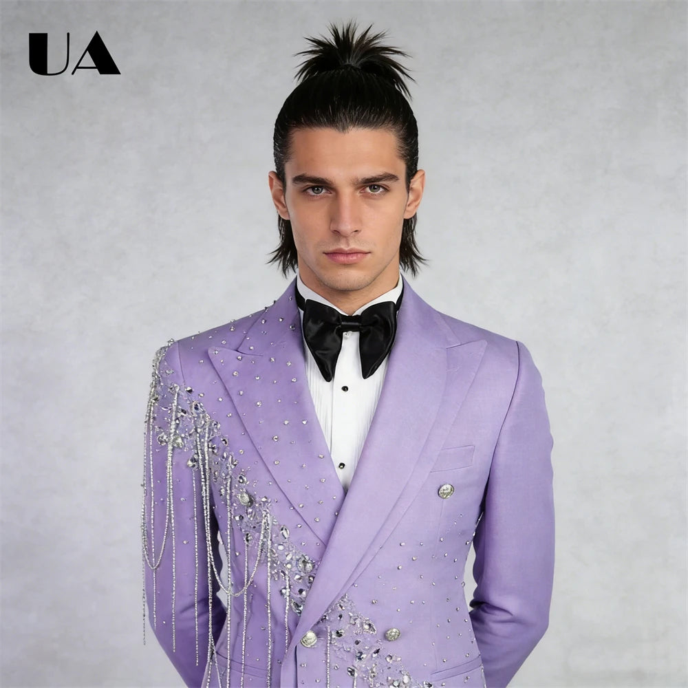 Lilac Wedding Suit for Groom, Rhinestones Tassels 2-Piece Suit Set, XXS-7XL Big & Tall Man Suit Attire Slim Fitting Tuxedo