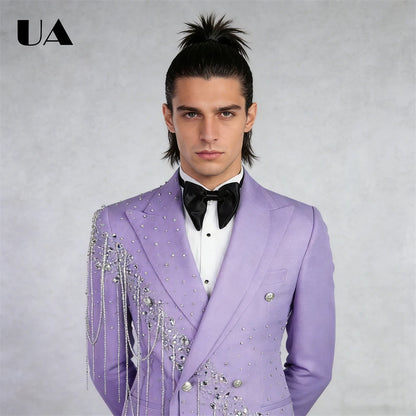 Lilac Wedding Suit for Groom, Rhinestones Tassels 2-Piece Suit Set, XXS-7XL Big & Tall Man Suit Attire Slim Fitting Tuxedo