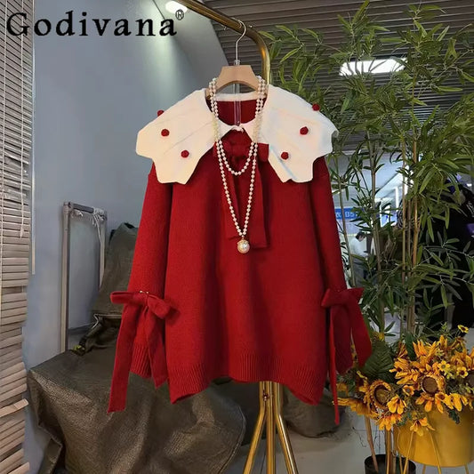 Large Size Women Three-dimensional Bow Sweet Peter Pan Collar Knitted Top Fashion New Red Versatile Long Sleeve Loose Sweater