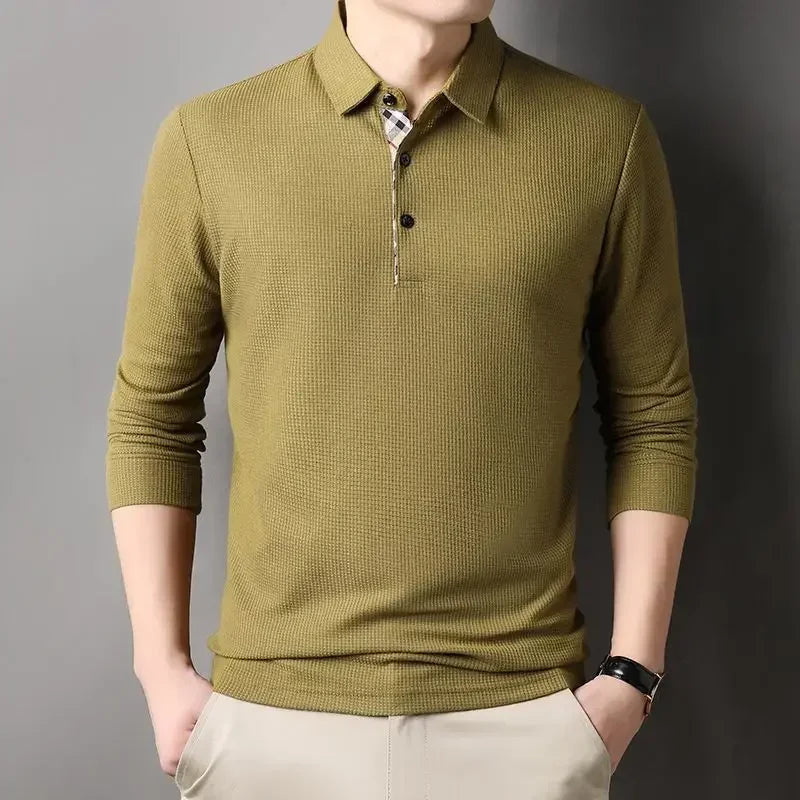 Male Clothes Beige T Polo Shirts for Men Waffle Tops Pullover Y2k High Brand Casual Harajuku Fashion Polyester Long Sleeve F