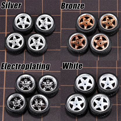 1/64 Model Car Wheels 4 Sets-11mm Diameter ABS Rubber Tires with Brake Disc-Upgrade Parts for Tomica Hot Wheels Diecast Vehicles