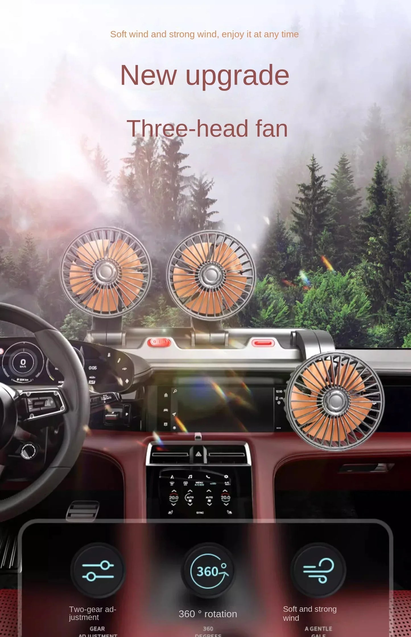 3 Heads Car Fan 360° Adjustable Cooling Fan USB/12V/24V Car Electric Fan 2 Speed Silent Cooler for Dashboard RV Truck SUV