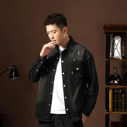 Spring Autumn Vintage Denim Jackets with Pocket Design Denim Coats for Men Single-breasted Lapel Collar Jacket Autumn Work Coat