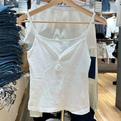 Lace Trim Buttons Solid Tank Top Women U Collar Sleeveless Cotton Slim Camis Sweet Chic Casual Preppy Style Vest Crop Tops Y2k