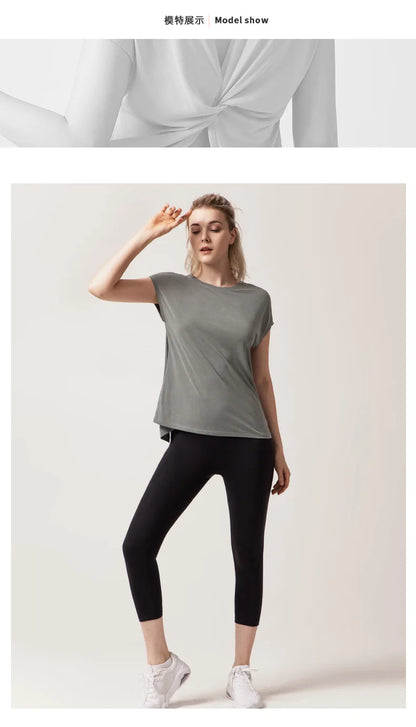 Women's Split Side Yoga Top Sexy Open Back Fitness T-shirt Loose Fit Workout Tee Running Sports Cover Gym Wear Woman clothing