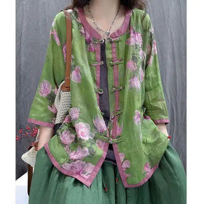 Artistic Print Ethnic Design Retro round Neck Button up Casual Loose Sun Protection Shirt Women Summer Comfortable Versatile
