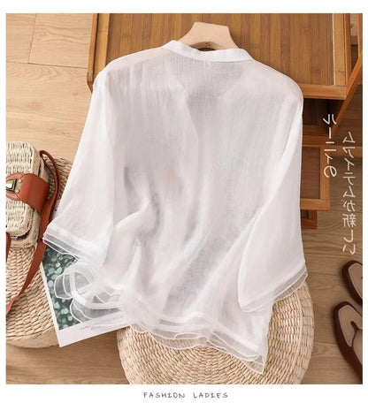 Large Size Mom Embroidered irt Women's Spring New Cotton Linen irt High End f Sve Seven Sve Women's Top