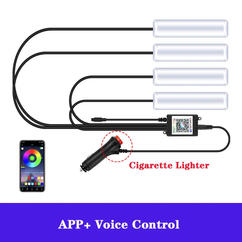 LED RGB Car Foot Ambient Light With USB Wireless Remote Voice Music APP Control Cigarette Lighter Car Footwell Lights