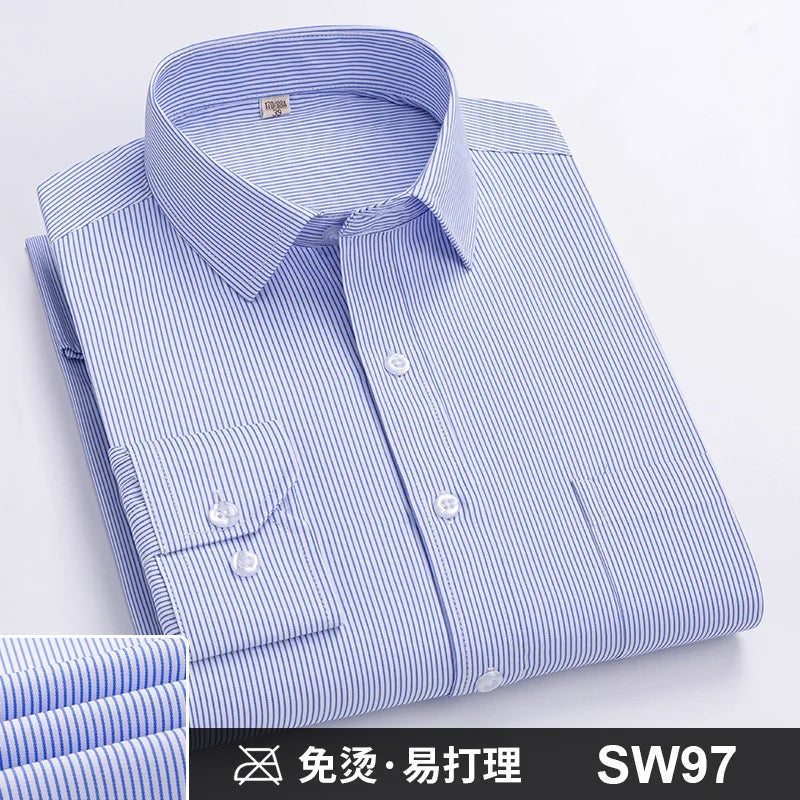 Men's Formal Shirt Long Sleeve S~8XL Oversized Office Solid Color Striped Anti-wrinkle Non-ironing Fashion Business White Shirts