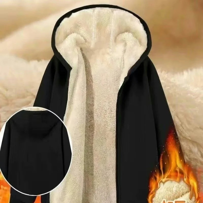 2026 autumn and winter plus plush thick loose oversized solid color cardigan hooded zipper sweatshirt men's lambskin warm jacket