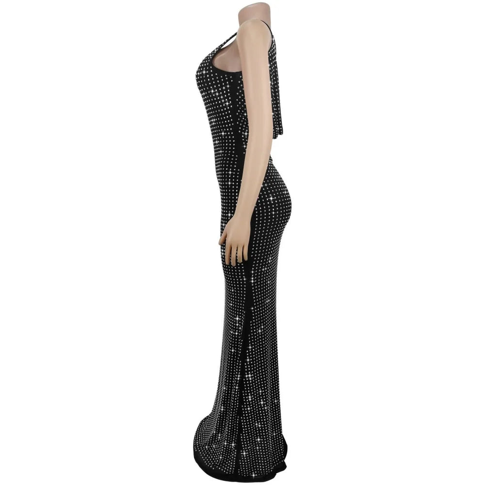 RLMABABY Sexy Swinging Collar Diamond Women Club Bodycon Dress Sleeveless Backless Evening Party Long Prom Dress