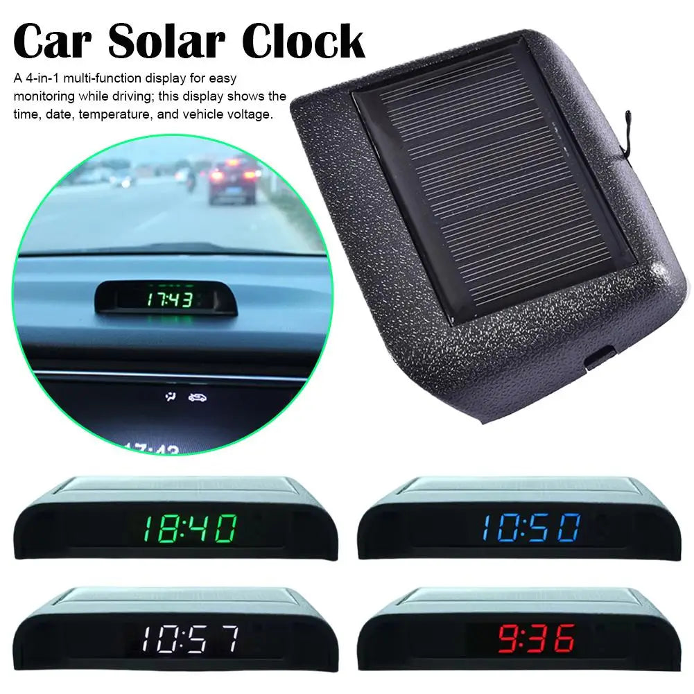 Solar Powered Car Digital Clock, LED LCD Display with Time Decor Date Dashboard Auto Thermometer, L0K4