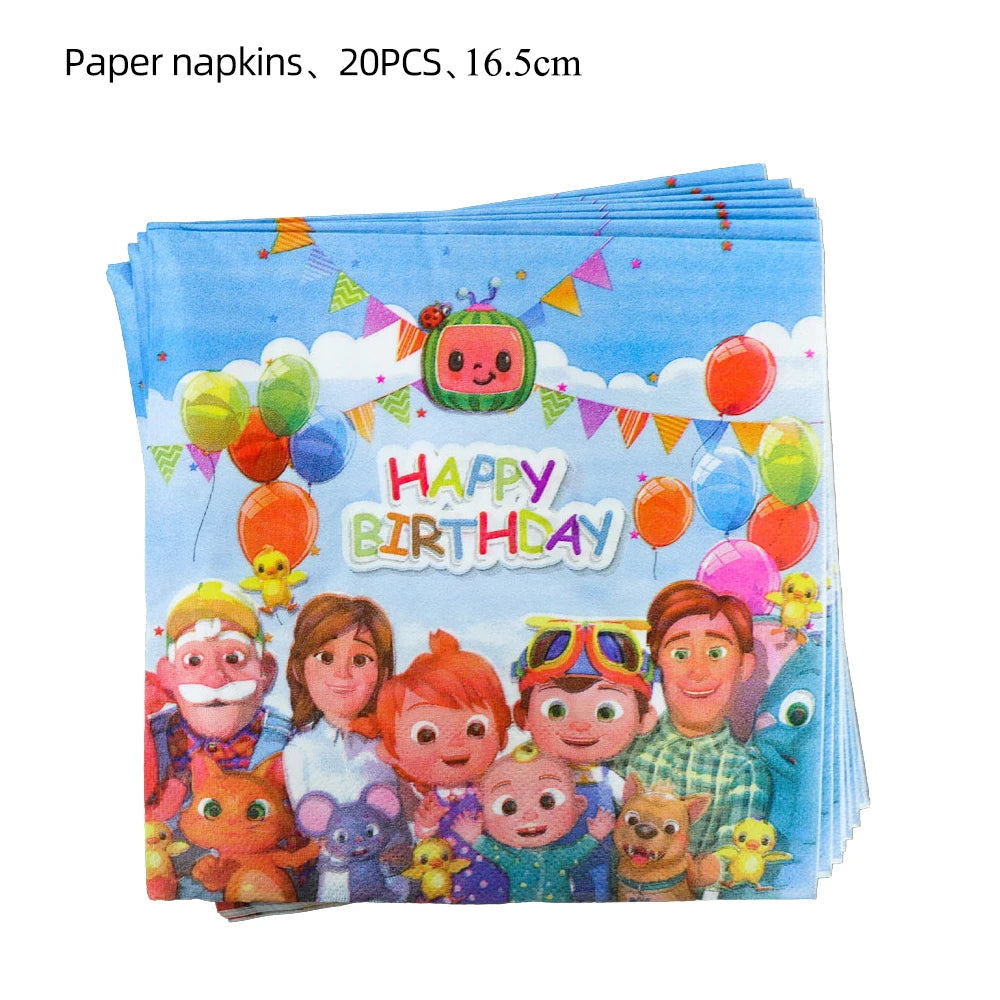 Cocomelon Birthday Party Decoration Tableware Set Birthday Cup Plate Napkin Tablecloth Cake Topper Balloon Party Favors Gifts