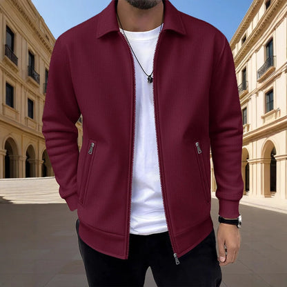 Men's Slim-fit Cardigan Solid-color Lapel Waffle Texture Zipper Pocket Casual Spring/Autumn 2025 Fashion