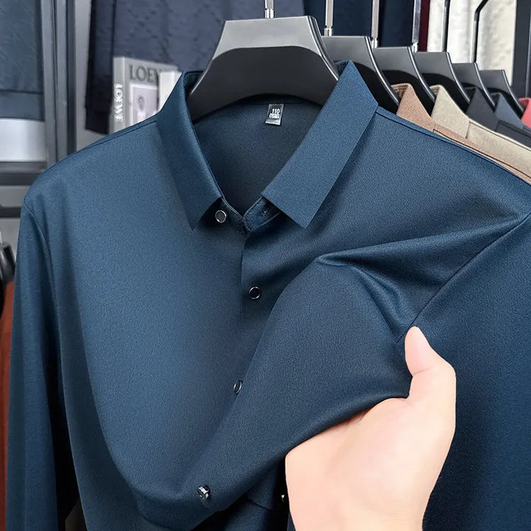 Men's Wool-Blend Dress Shirt Charcoal Gray Business Essential Seamless Technology Non-Iron & Tailored Collar All Season Comfort