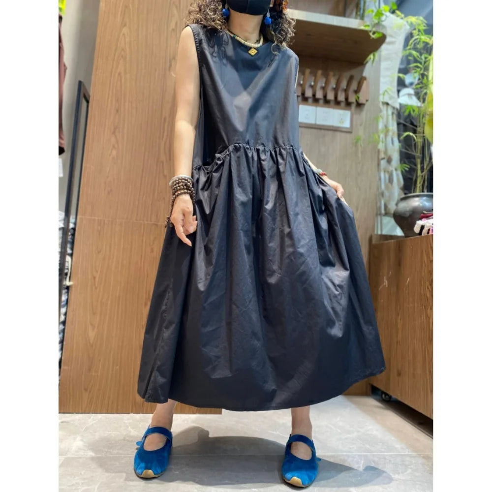 Minimalist Style Pleated Sleeveless Dress Women Black Waist-cinching Casual Long Dress Black XY335