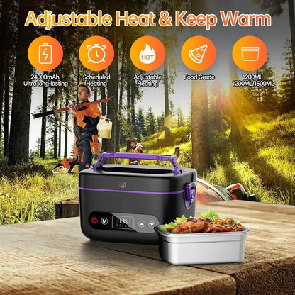 1.2L 100W Electric Heated Lunch Box, 5D Surround Heat Tech, 6x4000mAh Battery, Portable Food Warmer, 220° Max, BPA Free
