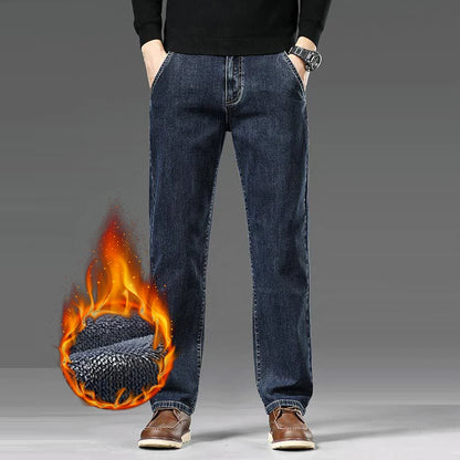 Warm Fleece-Lined Jeans Men's Relaxed Straight Leg Thickened Casual Velvet Denim Trousers Comfortable Daily Work Long Pants