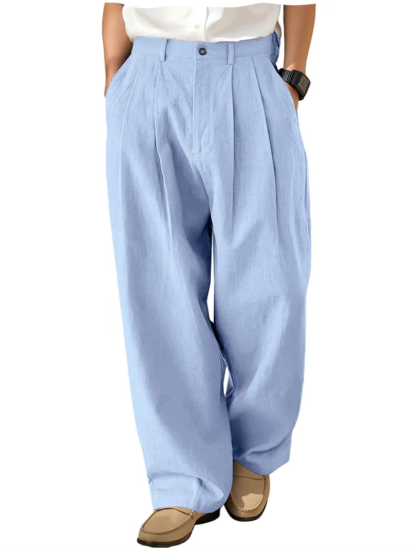 Men's Loose Pleated Wide Leg Pants Breathable Linen Blend Trousers Casual Business Suit Pants Summer Streetwear Daily Wear