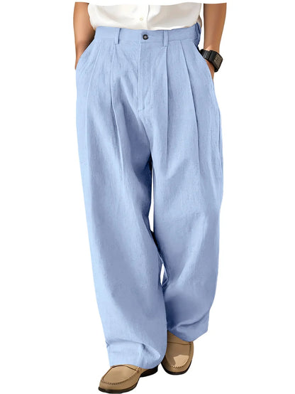 Men's Loose Pleated Wide Leg Pants Breathable Linen Blend Trousers Casual Business Suit Pants Summer Streetwear Daily Wear