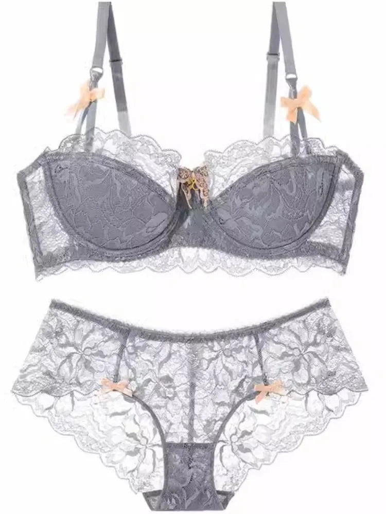 Sexy French Lace Push Up Bra Set for Small Chest, Anti Sagging Half Cup Demi Bra & Panty Lingerie Set, Sheer Adjustable Straps