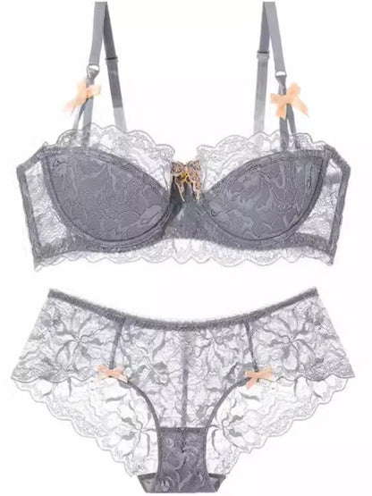Sexy French Lace Push Up Bra Set for Small Chest, Anti Sagging Half Cup Demi Bra & Panty Lingerie Set, Sheer Adjustable Straps