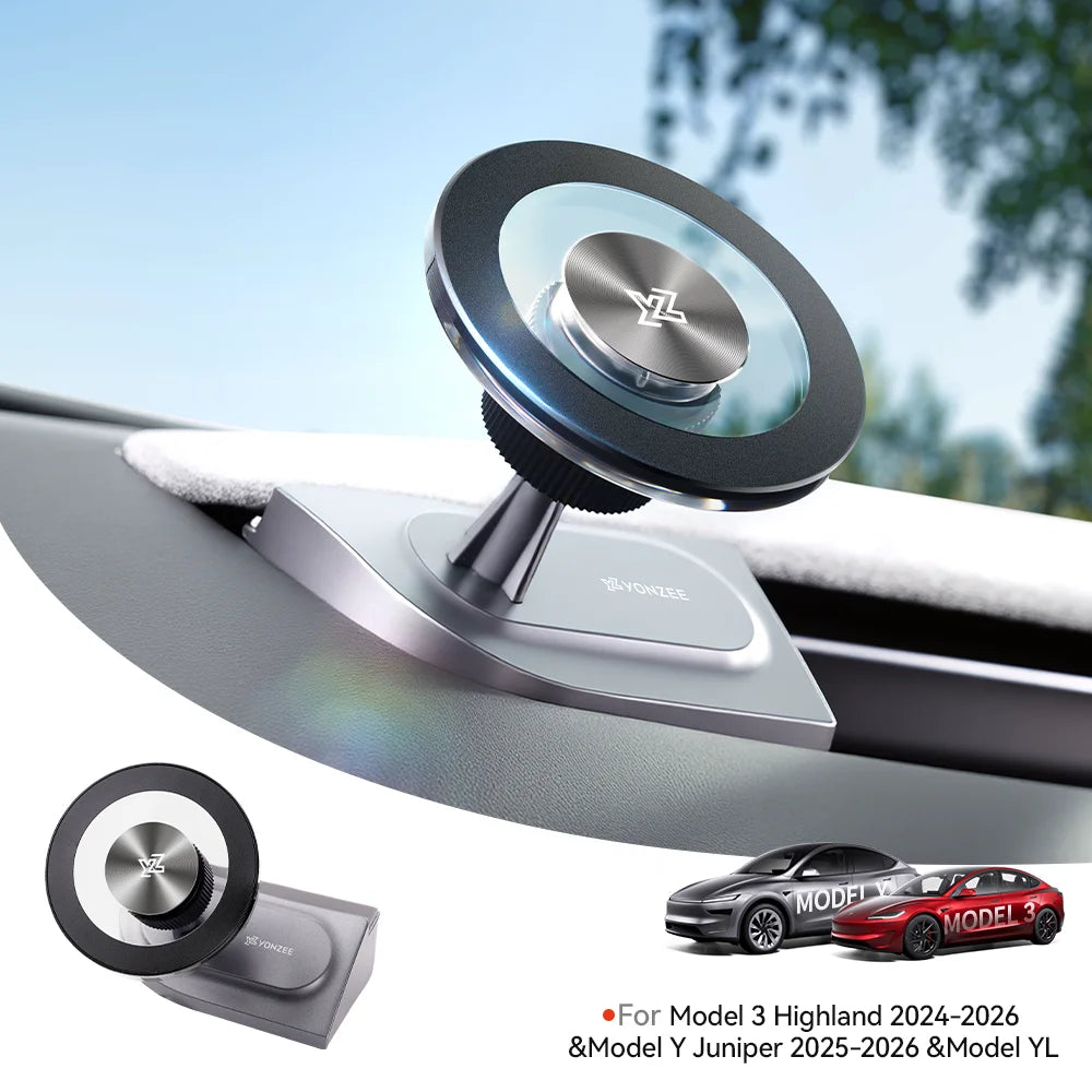 YZ Car Phone Mount 360° Magnetic for Tesla Model Y YL Model 3 Highland Juniper 2026 Foldable Dashboard Phone Stand Accessories