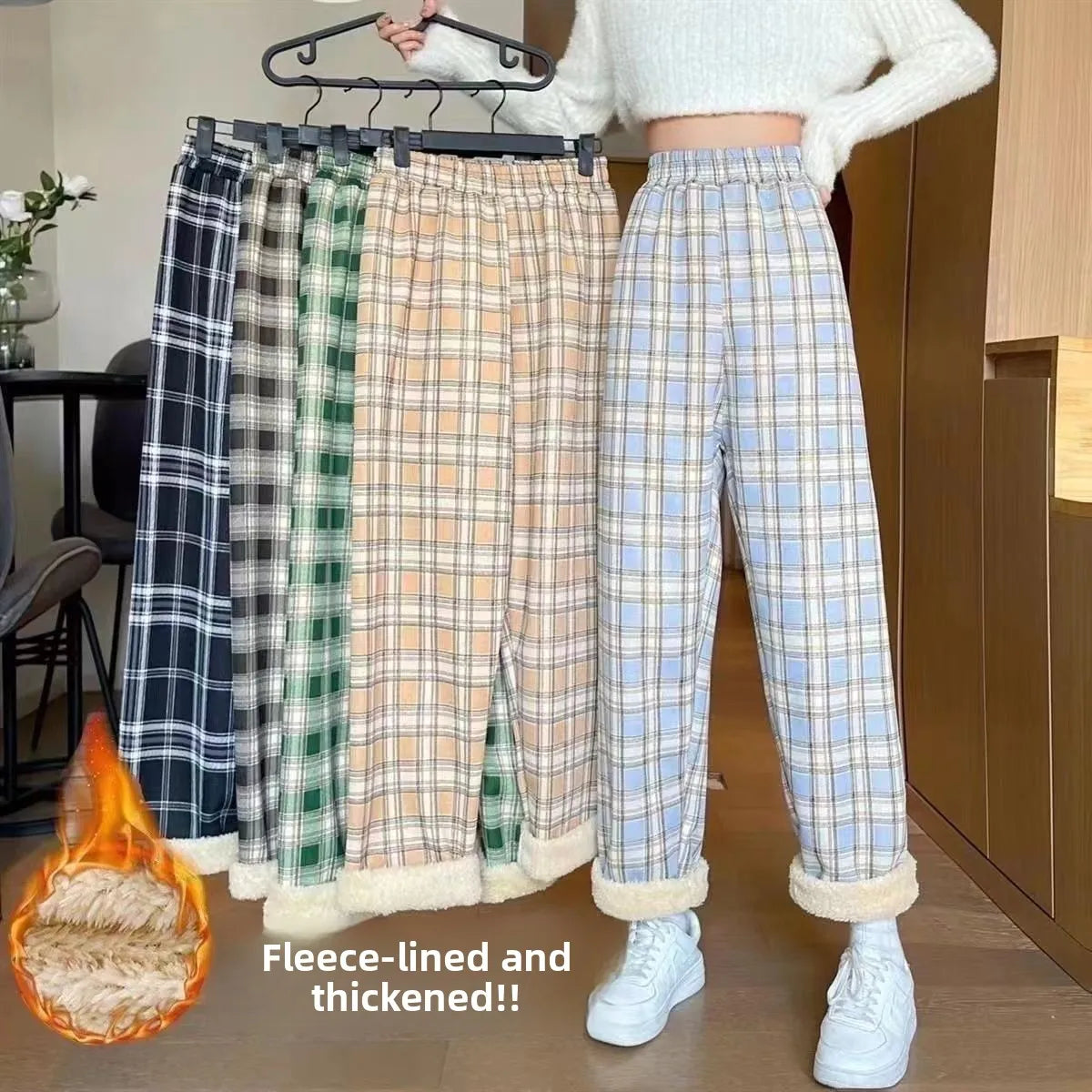 Thickened Fleece Straight Leg Pants Winter New Style Lamb Velvet Plaid Women's High Waist Warm Casual Wide Leg Pants