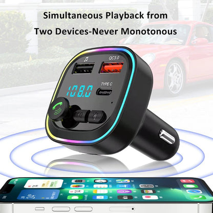 Car Bluetooth FM Transmitter Audio Adapter With RGB Ring Light Dual USB QC3.0 And Type-C Fast Charger Hands-Free MP3 Player