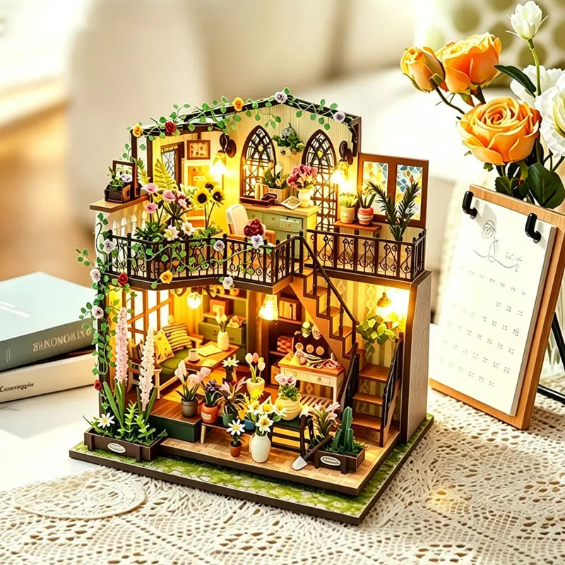 Zuuton DIY Wooden Dollhouse Kit Flower Garden Villa with LED Light Miniature House with Furniture 3D Puzzle Handmade Craft Gifts
