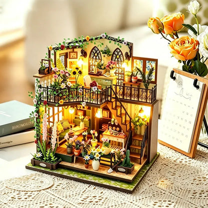 Zuuton DIY Wooden Dollhouse Kit Flower Garden Villa with LED Light Miniature House with Furniture 3D Puzzle Handmade Craft Gifts