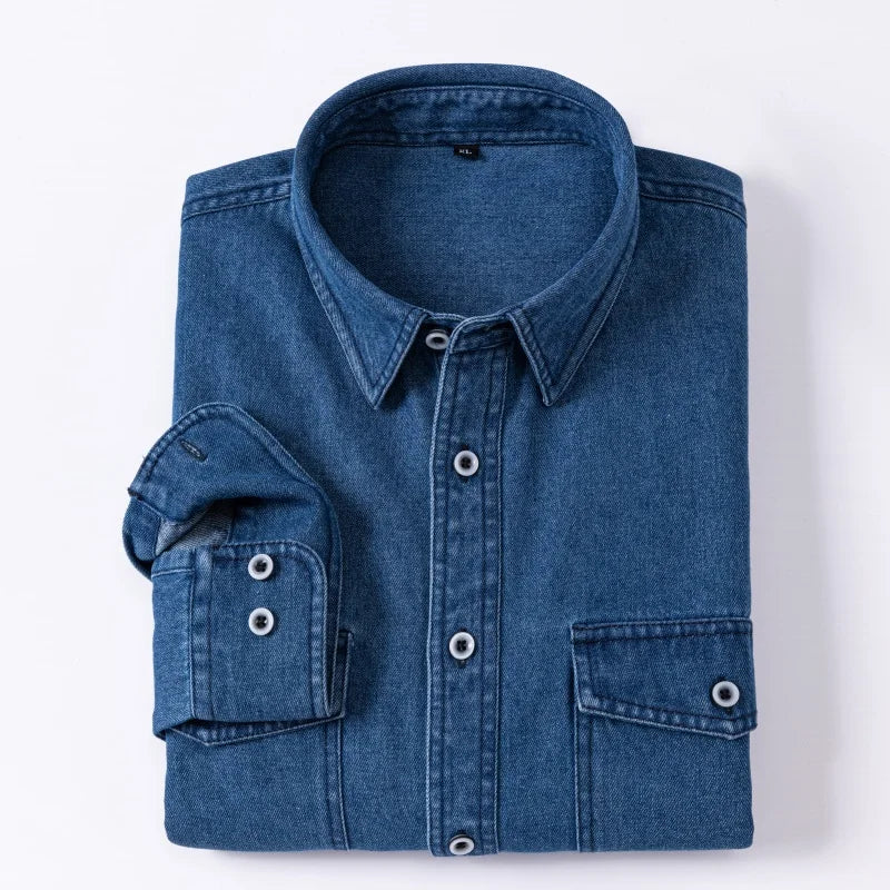 Daily Pure Cotton Double-pocket Denim Shirt Wrinkle-free Men's Casual Sports Top Trendy Comfortable Collared Shirt Men