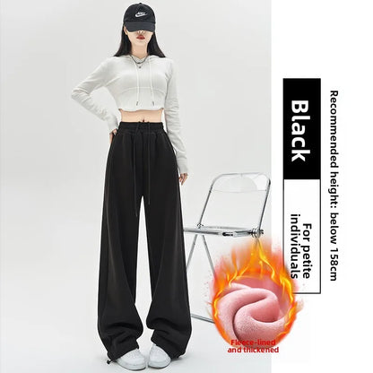 Gray Lamb Velvet Sport Pants Women's High Waist Drapey Fleece Wide Leg Casual Small Size Thickened Cotton Pants