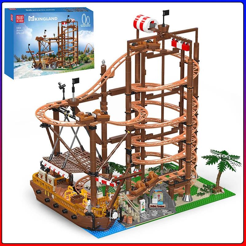 Mould King 11013 Creative Toys The MOC Double Helix Roller Coaster with Pirate Ship Building Block Brick Kids Christmas Gift
