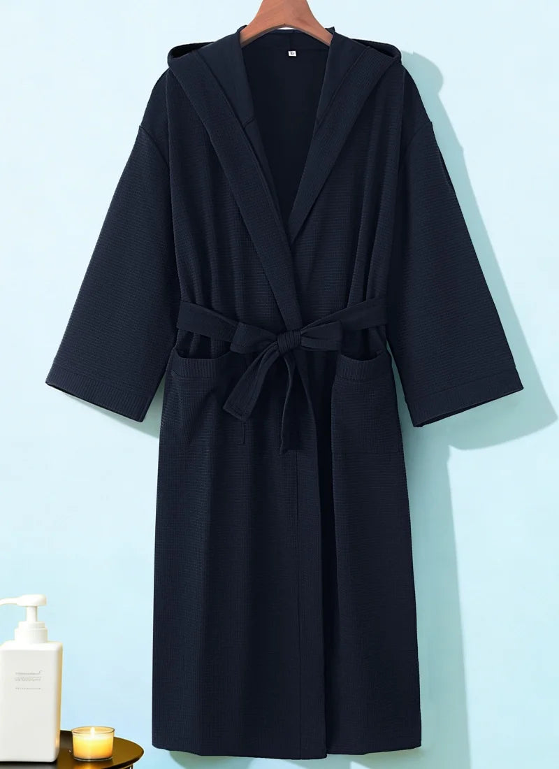 Mens Waffle Knit Hooded Bathrobe Navy Blue Kimono Style with Belt Pockets Soft Lightweight Spa Loungewear for Shower Hotel Home