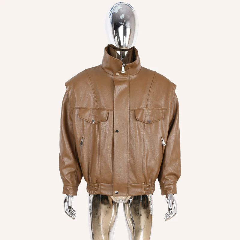 Mauroicardi Autumn Winter Waterproof Windproof Oversized Thickened Warm Black Faux Leather Jacket Men Zip Up Casual Cool Fashion