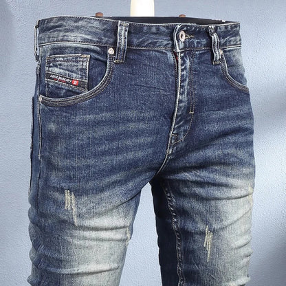 Y2K Fashion New High-Quality Jeans Scratch Wash Nostalgic Stretch Slim Fit Retro Blue Men's Jeans Designer High-Quality Jean