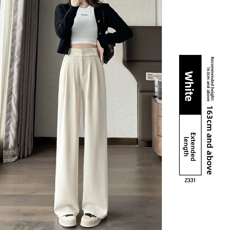 White Corduroy Wide Leg Pants Women's Autumn Winter Slim Straight Drapey Small Size Fleece Lined Suit Trousers